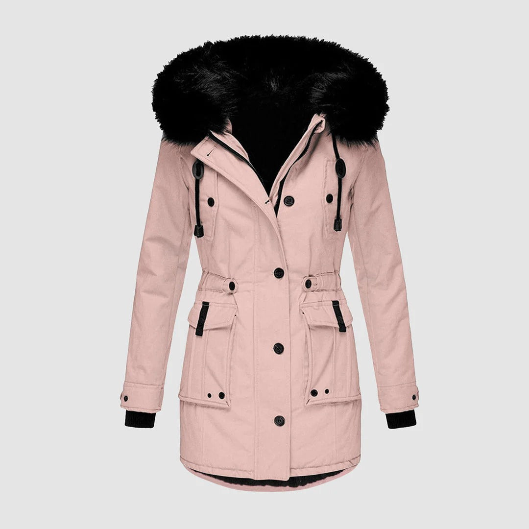 Women's tailored longline coat with faux fur hood, waist belt, and button front closure