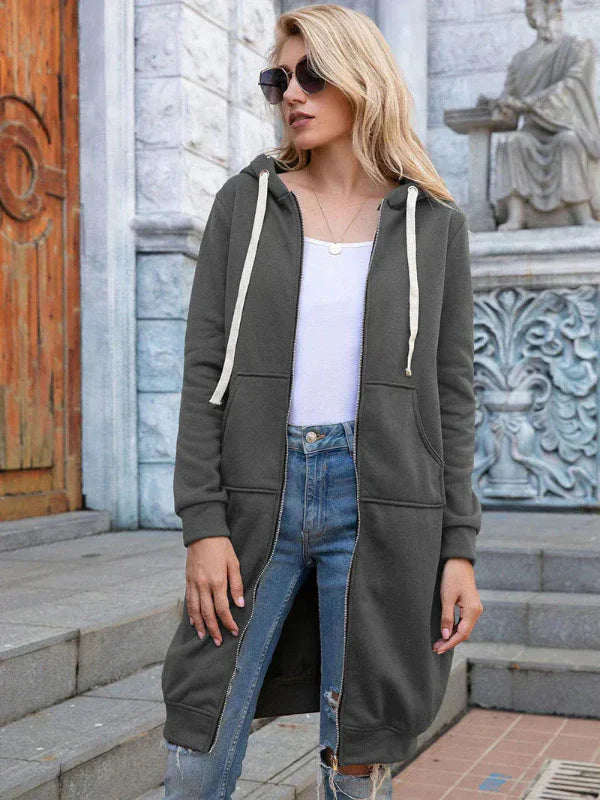 Women's oversized grey cotton zip-front hoodie sweatshirt, long-length casual fit with hood
