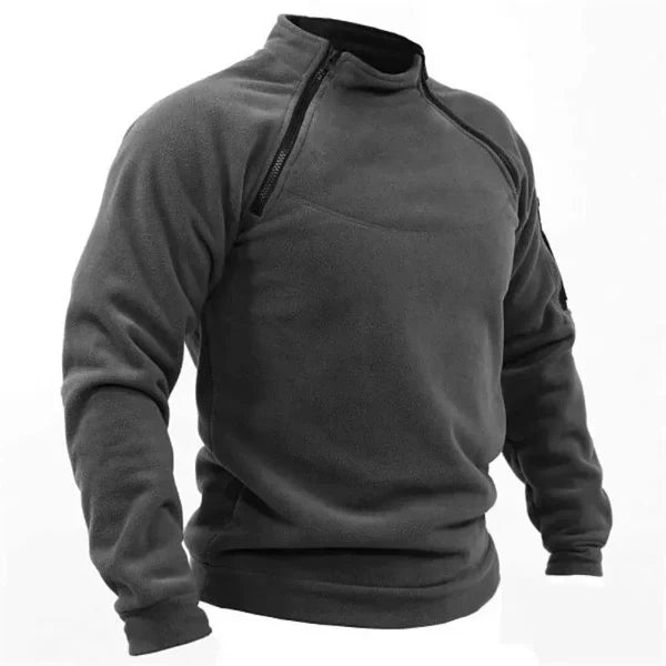 Men's grey fleece sweatshirt regular fit high collar with utility pockets outdoor style