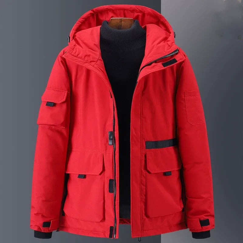Men's relaxed-fit hooded down jacket insulated water-resistant finish with utility pockets for winter