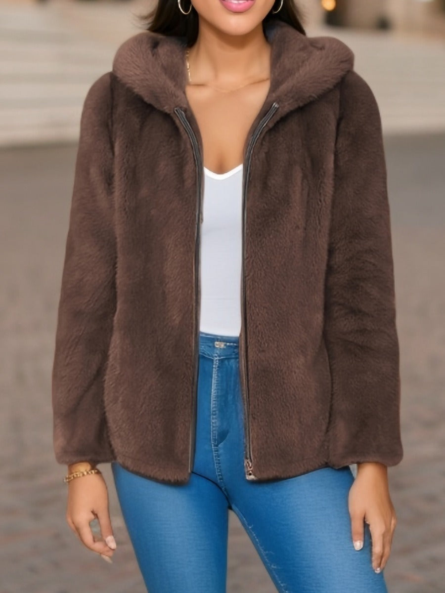 Women's coral fleece zip-up hoodie relaxed fit with wool lining and front zipper closure