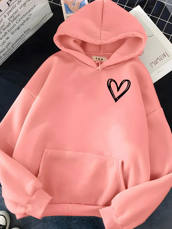 Women's relaxed fit cotton blend hoodie with heart print and front kangaroo pocket