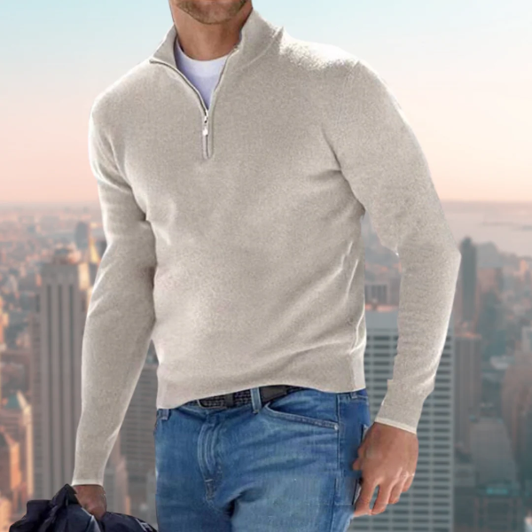 Black cotton-blend men's quarter-zip sweatshirt with stand collar, regular fit casual style