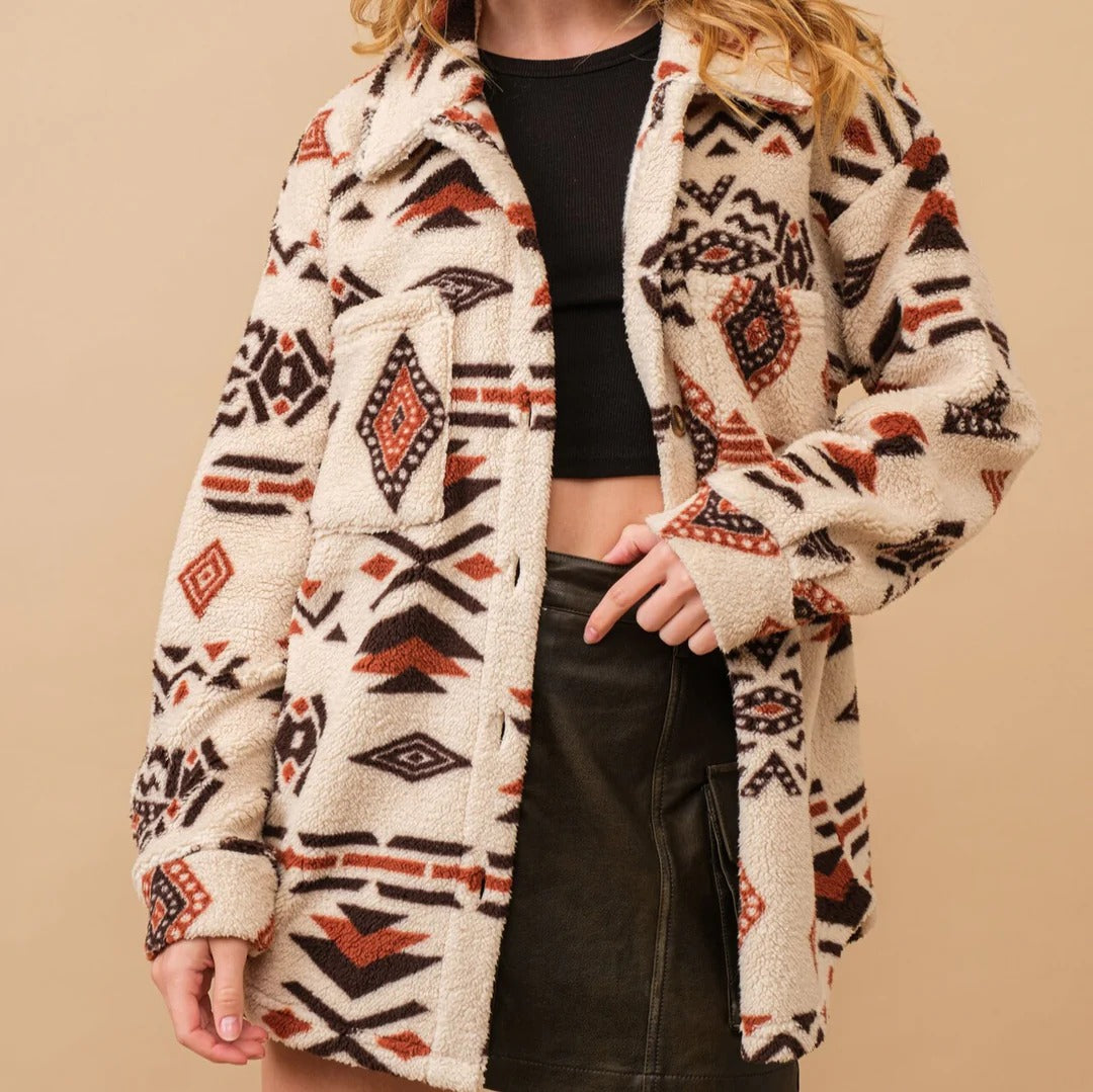Women's boho western sherpa jacket earthy tones relaxed silhouette geometric woven pattern plush outerwear