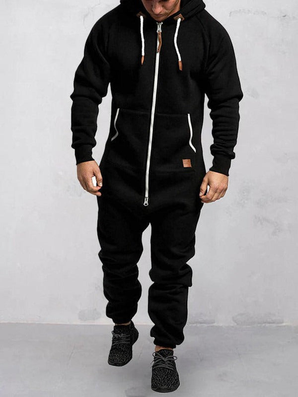 Men's gray fleece hooded jumpsuit relaxed fit zipper front one-piece lounge wear winter style