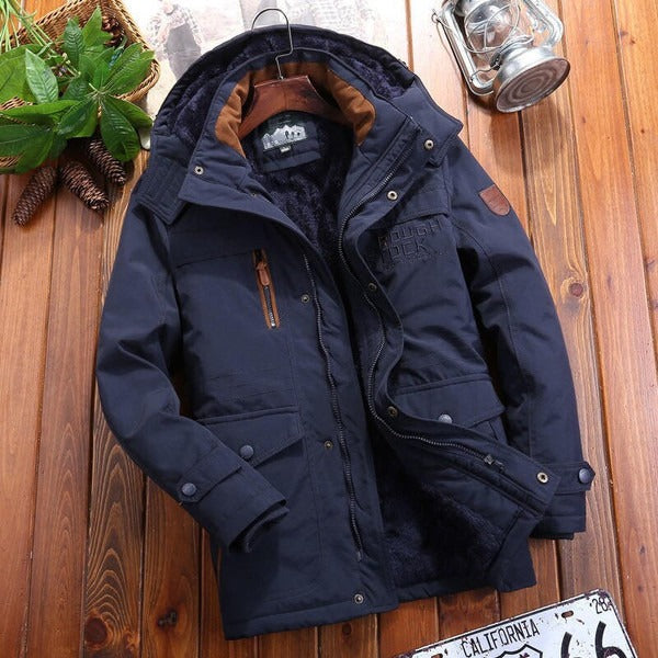 Men's oversized fleece-lined hooded jacket with quilted shoulders and multiple pockets for cold weather