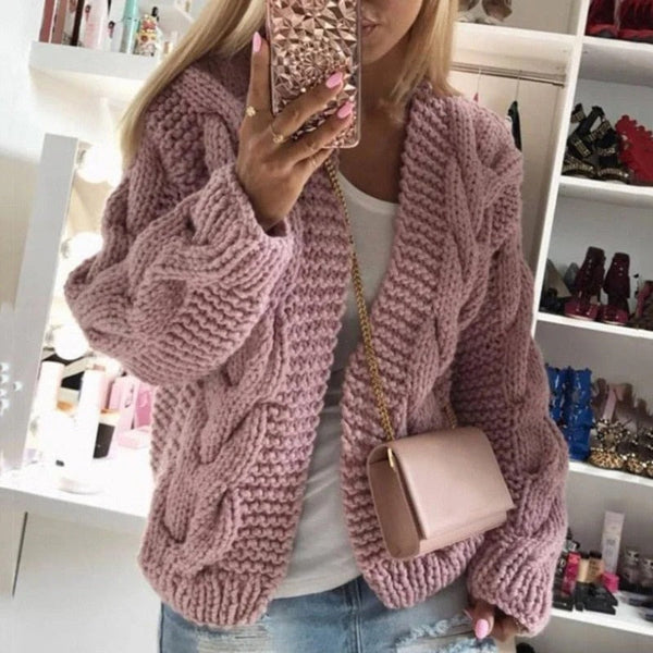 Women's ivory chunky cable knit cardigan structured open-front wool blend cozy layering piece