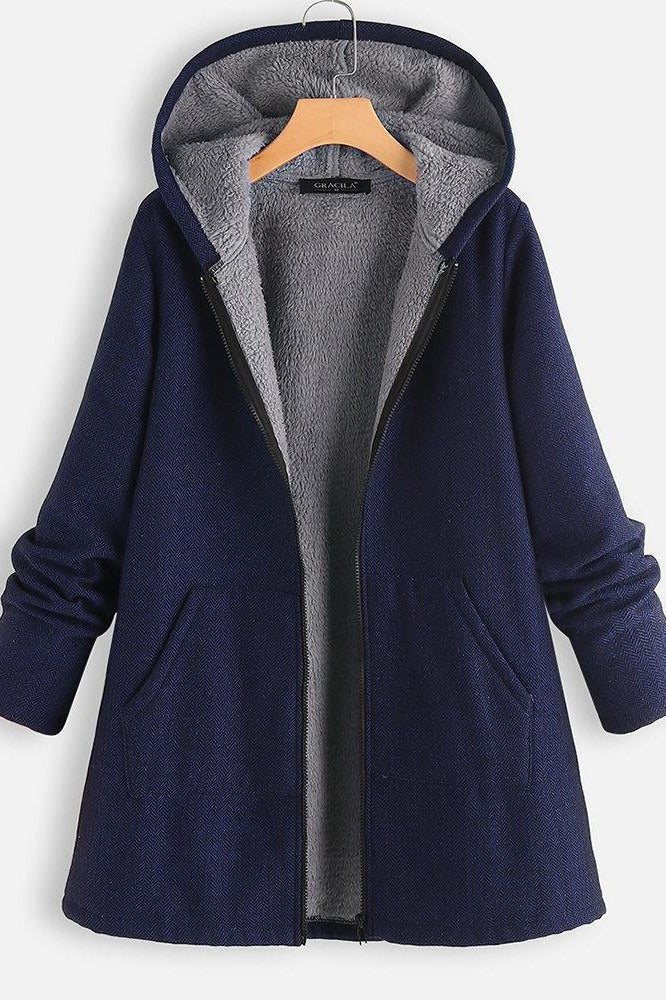 Women's oversized fleece-lined hooded coat with zipper front, mid-thigh length, relaxed silhouette