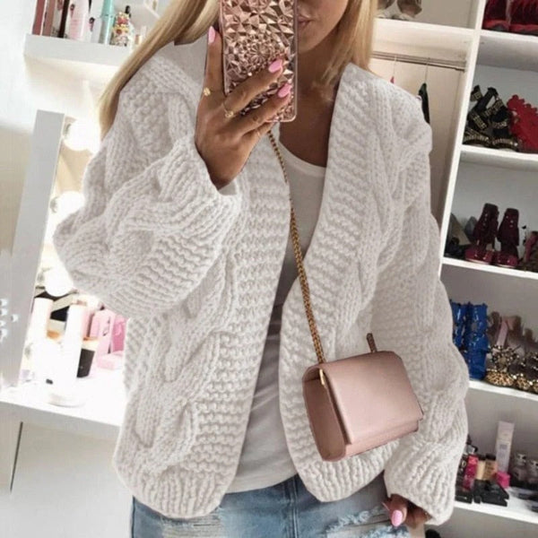 Women's cream chunky knit wool cardigan structured open front with classic cable pattern