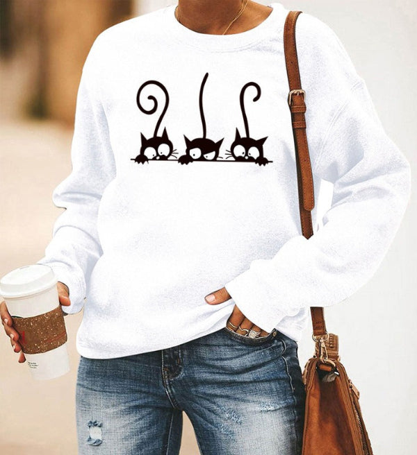 Women's oversized gray crewneck sweatshirt cotton blend with cute cat print casual cozy fit