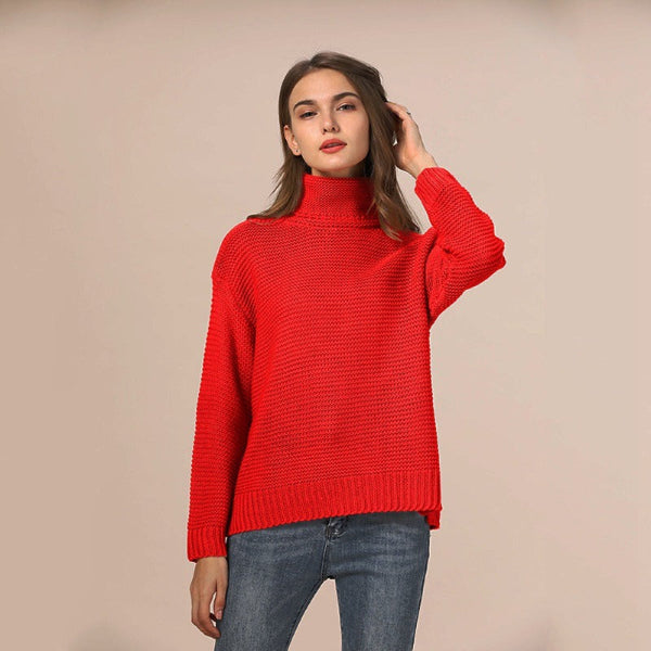 Women's chunky knit turtleneck sweater relaxed fit wool blend cozy everyday style