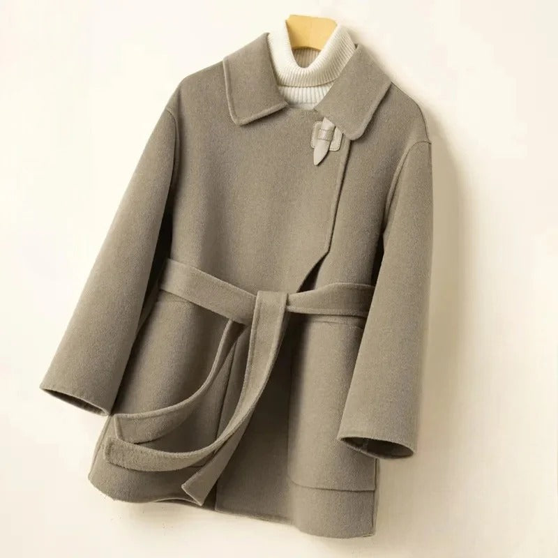 Cavalli double-sided wool coat in neutral tone, clean tailored cut with belted waist detail