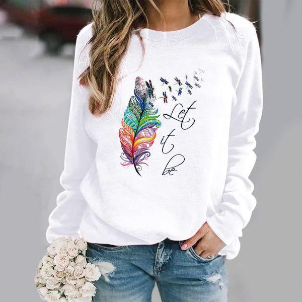 Women's relaxed fit crew neck sweatshirt cotton blend feather print long sleeve cozy style