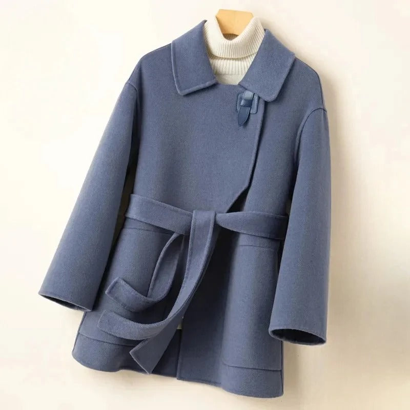 Cavalli double-sided wool coat in neutral tone, tailored silhouette with belted waist detail