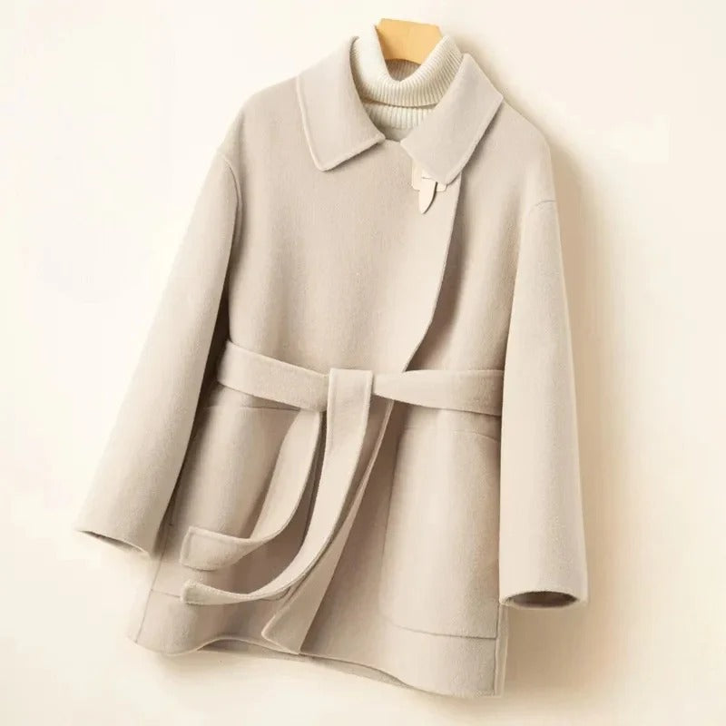 Cavalli double-sided wool coat in neutral tone, tailored silhouette with belted waist detail