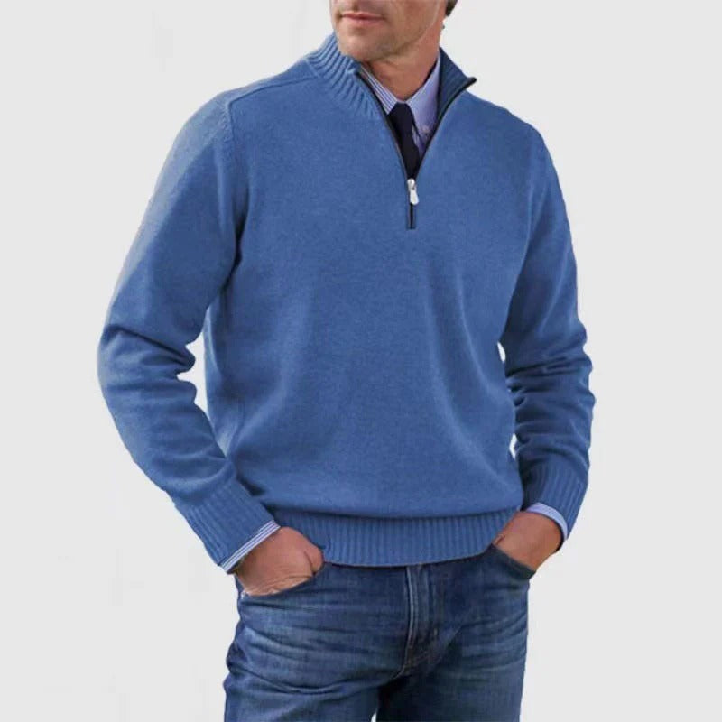 Men's navy quarter zip knit sweater business casual slim fit adjustable neckline pullover by Wavlynn