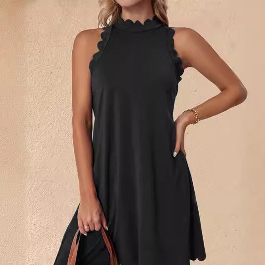 Women's sleeveless A-line mini dress in soft cotton with charming scalloped hem detail