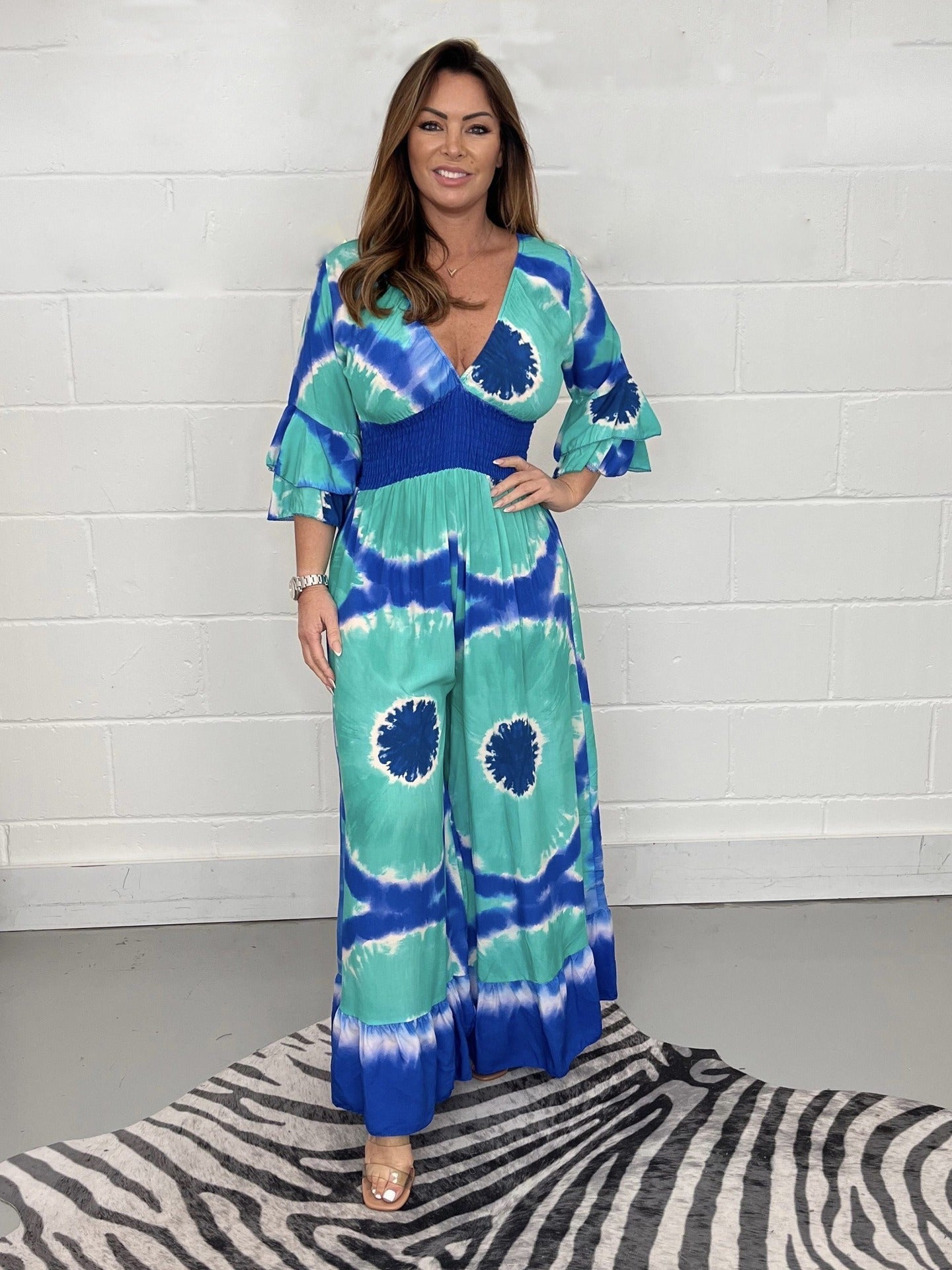 Wavlynn tie-dye jumpsuit women V-neck bell sleeves relaxed fit flared leg one-piece