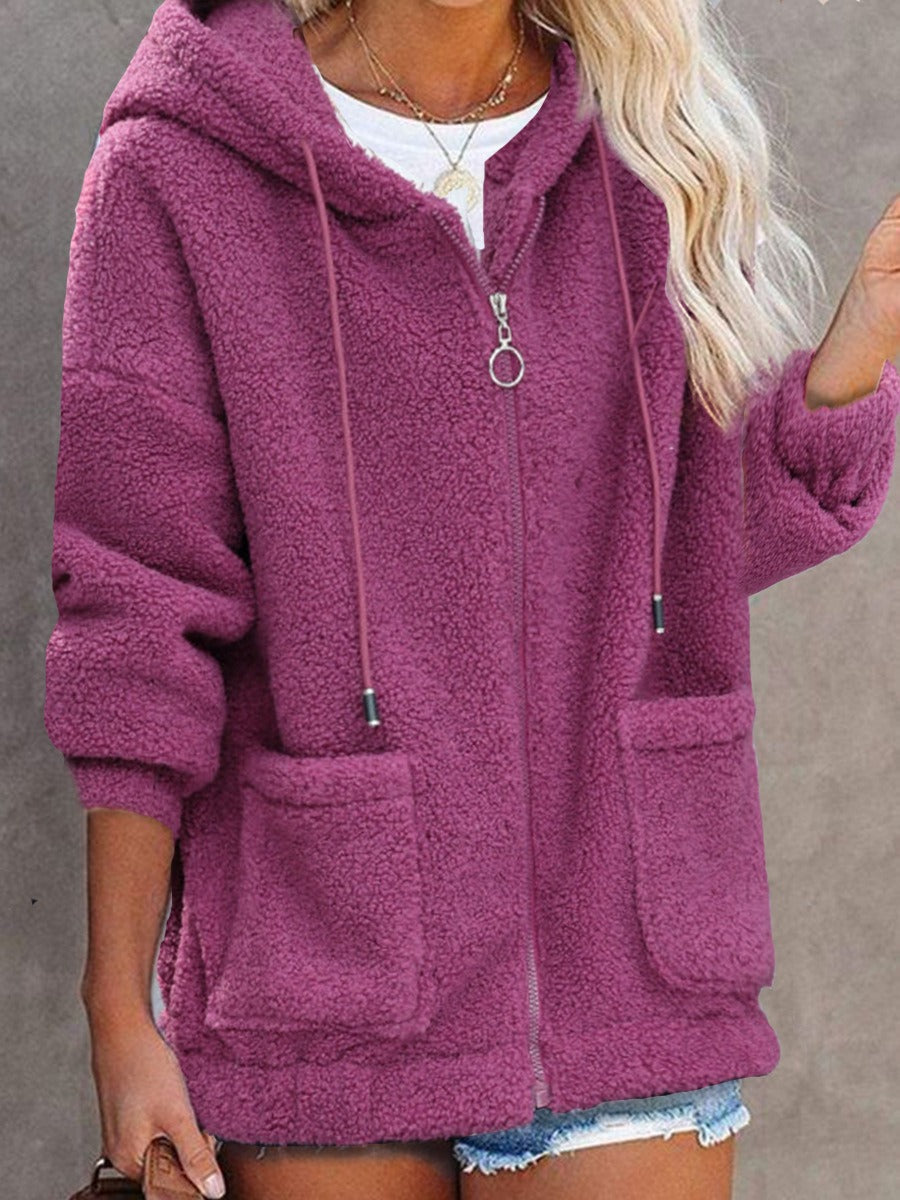 Women's oversized sherpa hooded jacket with zip front and pockets, cozy plush texture for everyday warmth