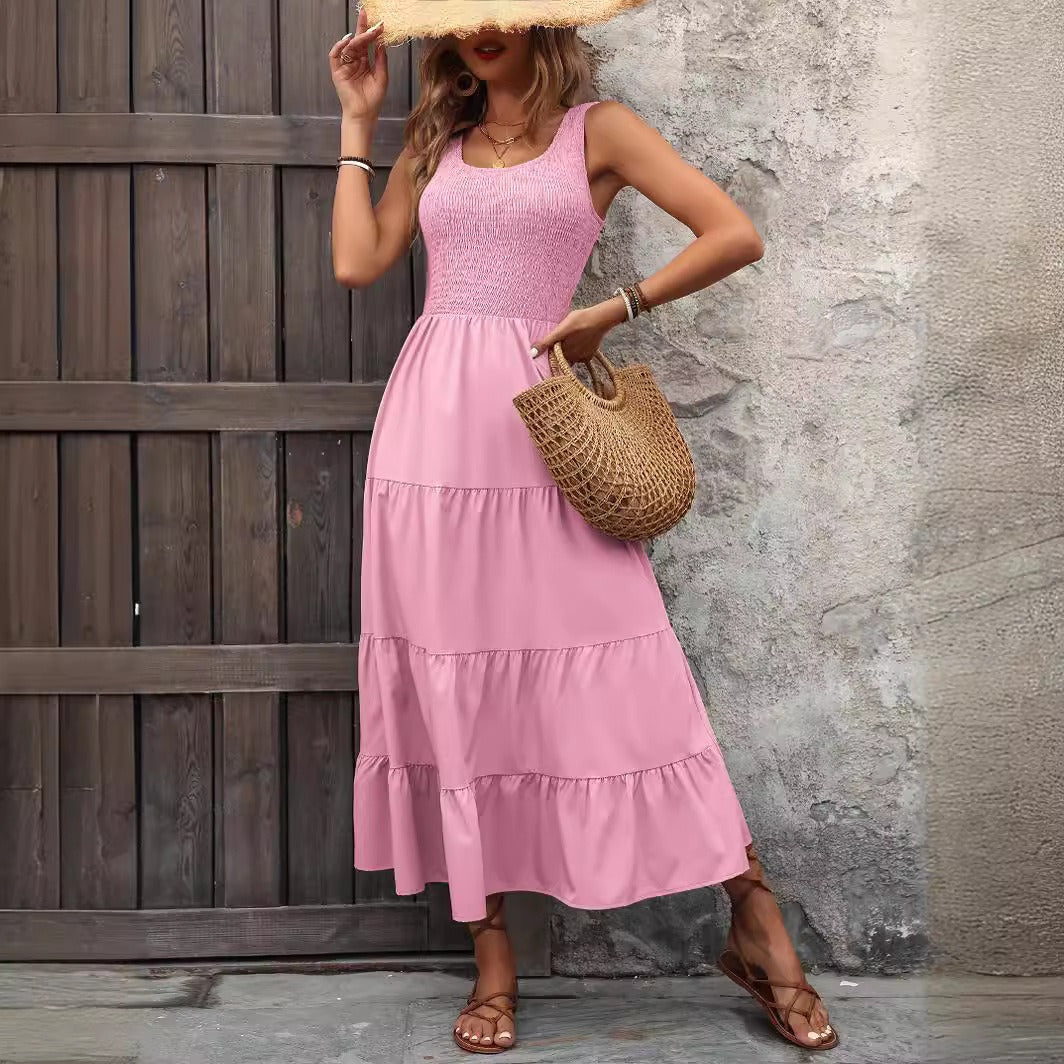 Floral midi dress A-line smocked bodice tiered pleated skirt spaghetti straps feminine summer style