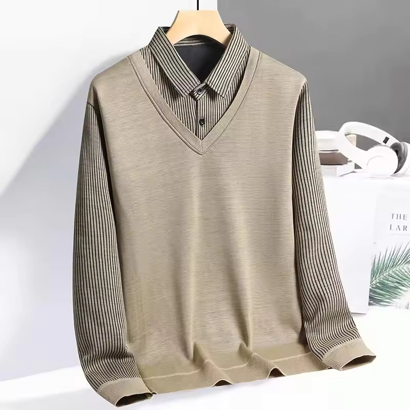 Men's knit polo sweatshirt regular fit V-neck pullover with layered look long sleeve design