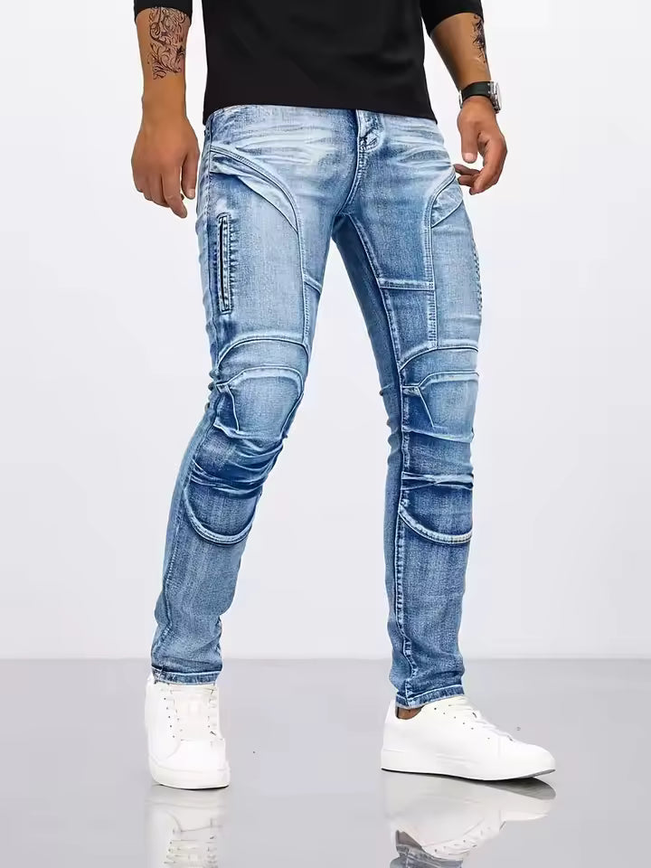 Men's slim fit distressed denim jeans with articulated knees and zippered pocket by Wavlynn