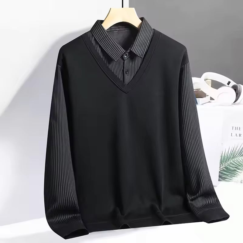 Men's knit polo sweatshirt regular fit V-neck pullover with layered look long sleeve design