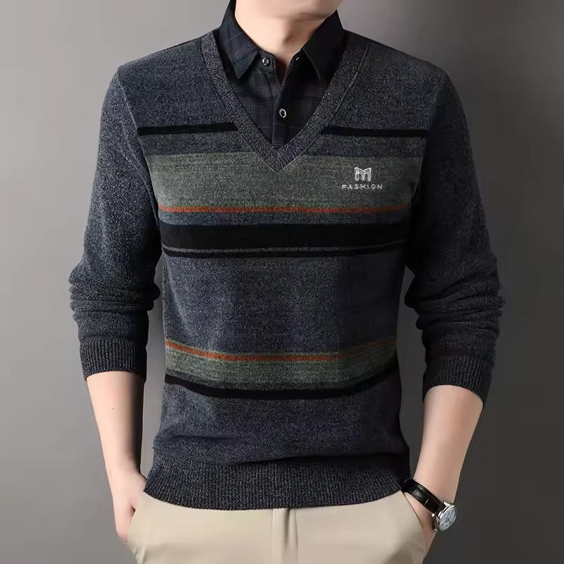 Men's striped fleece blend crew neck pullover sweater regular fit with knit hem cozy winter essential