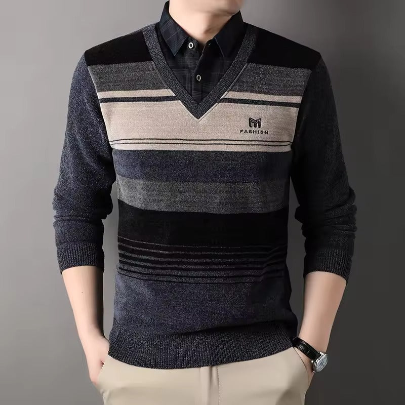 Men's striped fleece blend crew neck pullover sweater regular fit with ribbed knit hem cozy winter