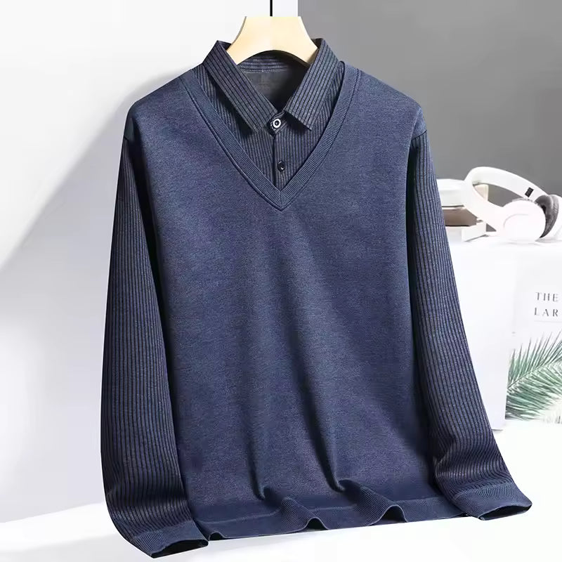 Men's knit polo sweatshirt regular fit V-neck pullover with layered look long sleeve design