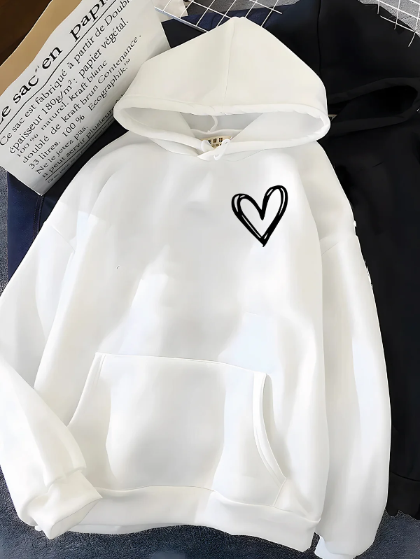 Women's relaxed-fit cotton blend hoodie sweatshirt with heart print and kangaroo pocket