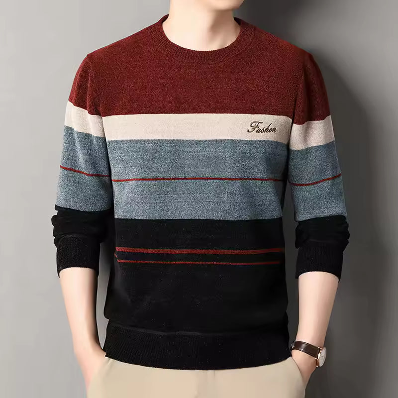 Men's wool blend crew neck pullover sweater striped design regular fit fall casual knit