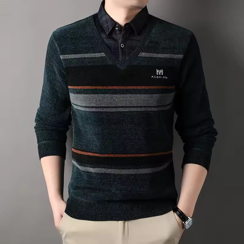 Men's striped fleece blend crew neck pullover sweater regular fit with knit hem cozy winter essential