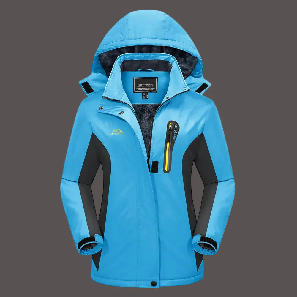 Women's water-resistant fleece-lined outdoor jacket with adjustable hood, ideal for hiking and travel