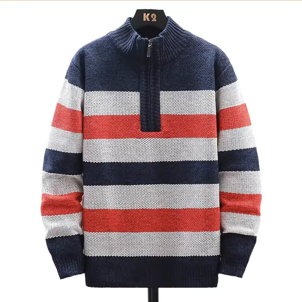 Men's grey fleece-lined wool knit quarter-zip pullover sweater relaxed fit with ribbed detailing