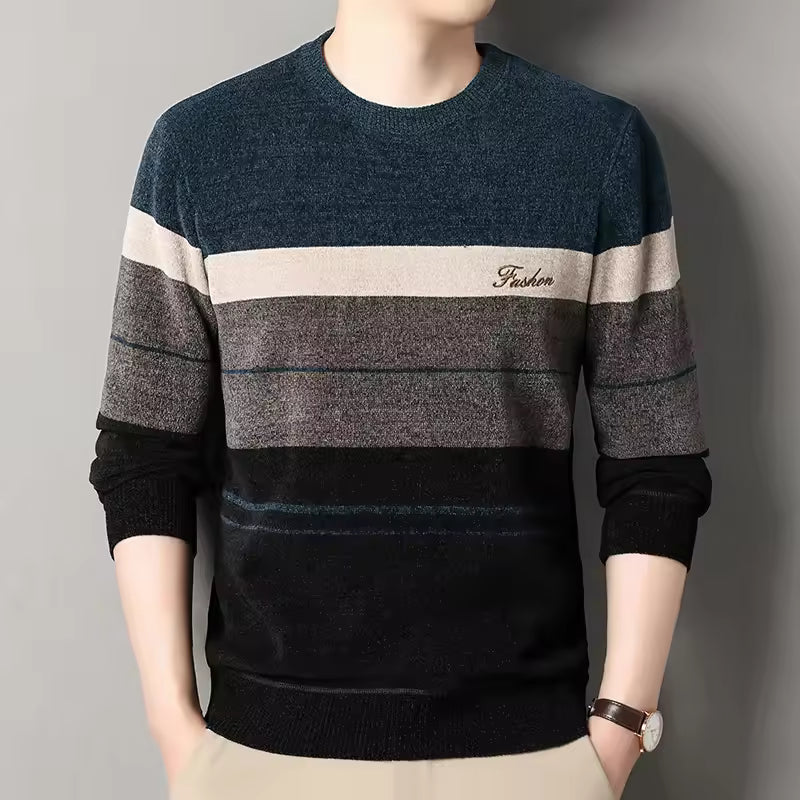 Men's wool blend crew neck pullover sweater striped design regular fit fall casual knit