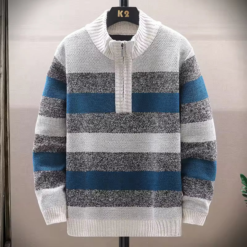 Men's gray fleece-lined wool knit quarter-zip pullover sweater relaxed fit with ribbed detailing