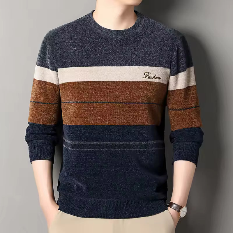 Men's wool blend crew neck pullover sweater striped design regular fit fall casual knit