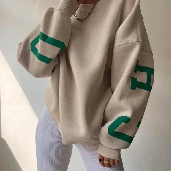 Women's oversized cotton blend sweatshirt with dropped shoulders and bold side print detail