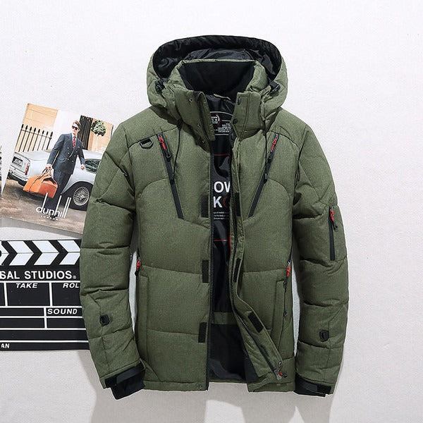 Men's quilted down jacket hooded hip-length water-resistant insulated winter coat navy blue