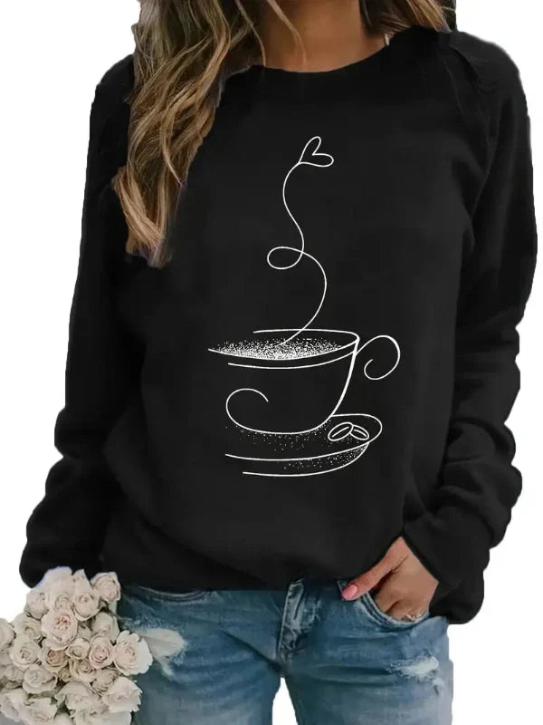 Women's relaxed-fit crew neck sweatshirt in neutral tones with playful coffee cup graphic print
