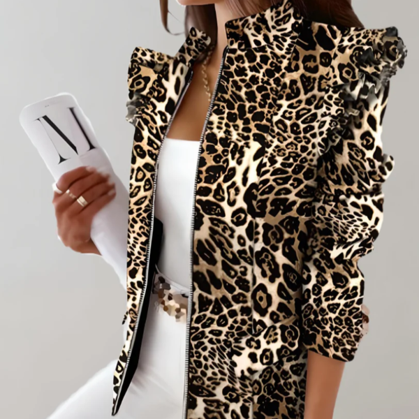 Women's tailored plaid jacket with ruffle shoulders, stand collar, hip length, structured fit