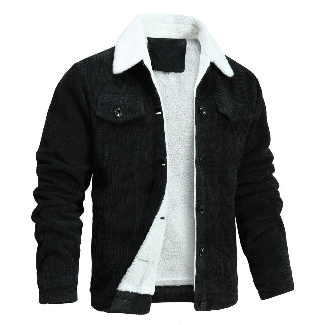 Olive green bomber jacket with sherpa lining, wide collar, and large button front closure