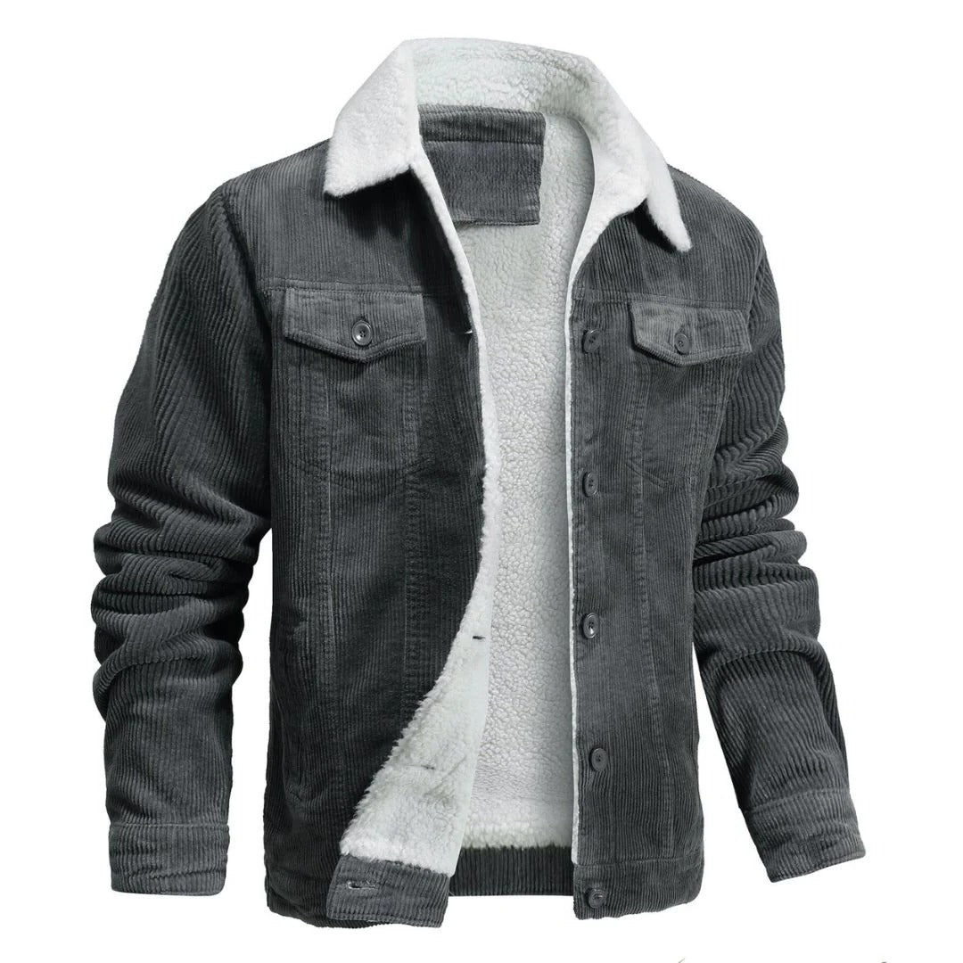Olive green bomber jacket with sherpa lining, wide collar, and large button front closure