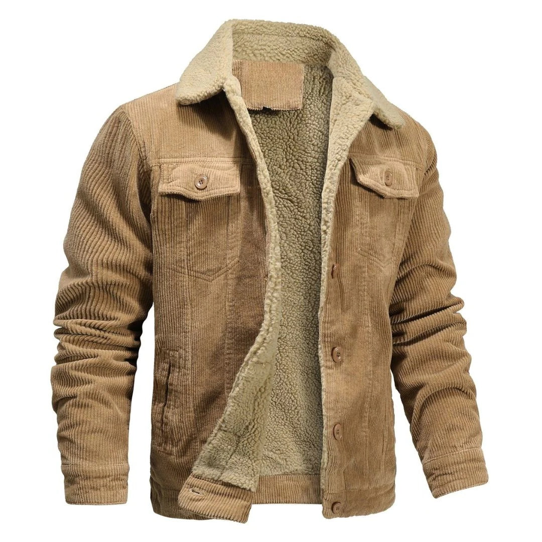 Olive green bomber jacket with sherpa lining, wide collar, and large button front closure