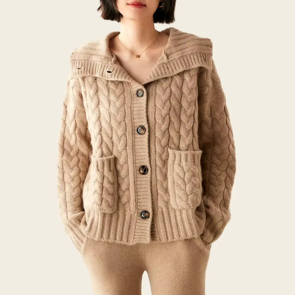 Heavyweight cable knit wool turtleneck cardigan in classic vintage style for cold weather