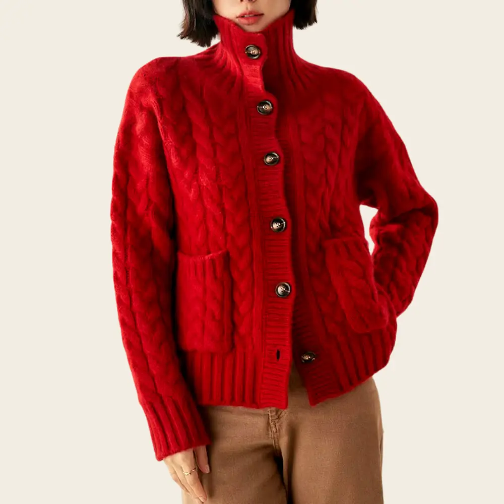 Ivory cable knit wool turtleneck cardigan heavyweight vintage-style warm autumn winter layering piece