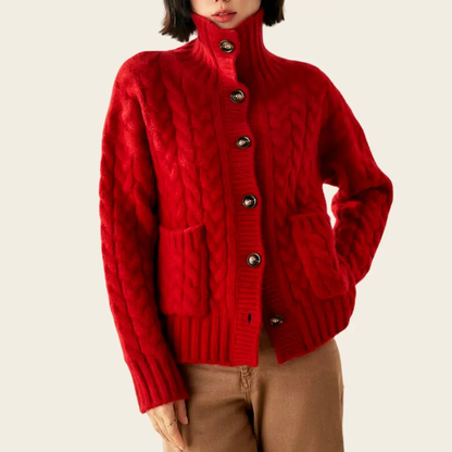 Ivory cable knit wool turtleneck cardigan heavyweight vintage-style warm autumn winter layering piece