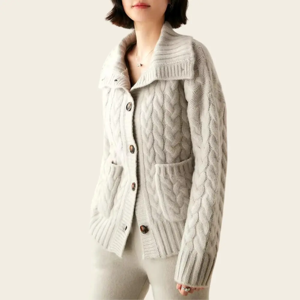 Heavyweight cable knit wool turtleneck cardigan in classic vintage style for cold weather