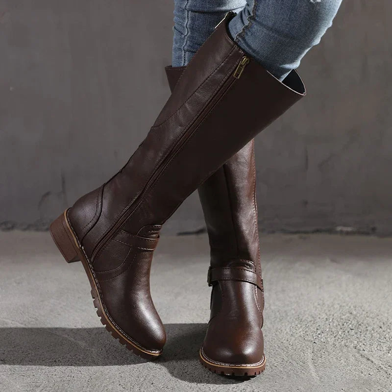 Women's black knee-high boots tailored fit structured PU leather with buckle detail